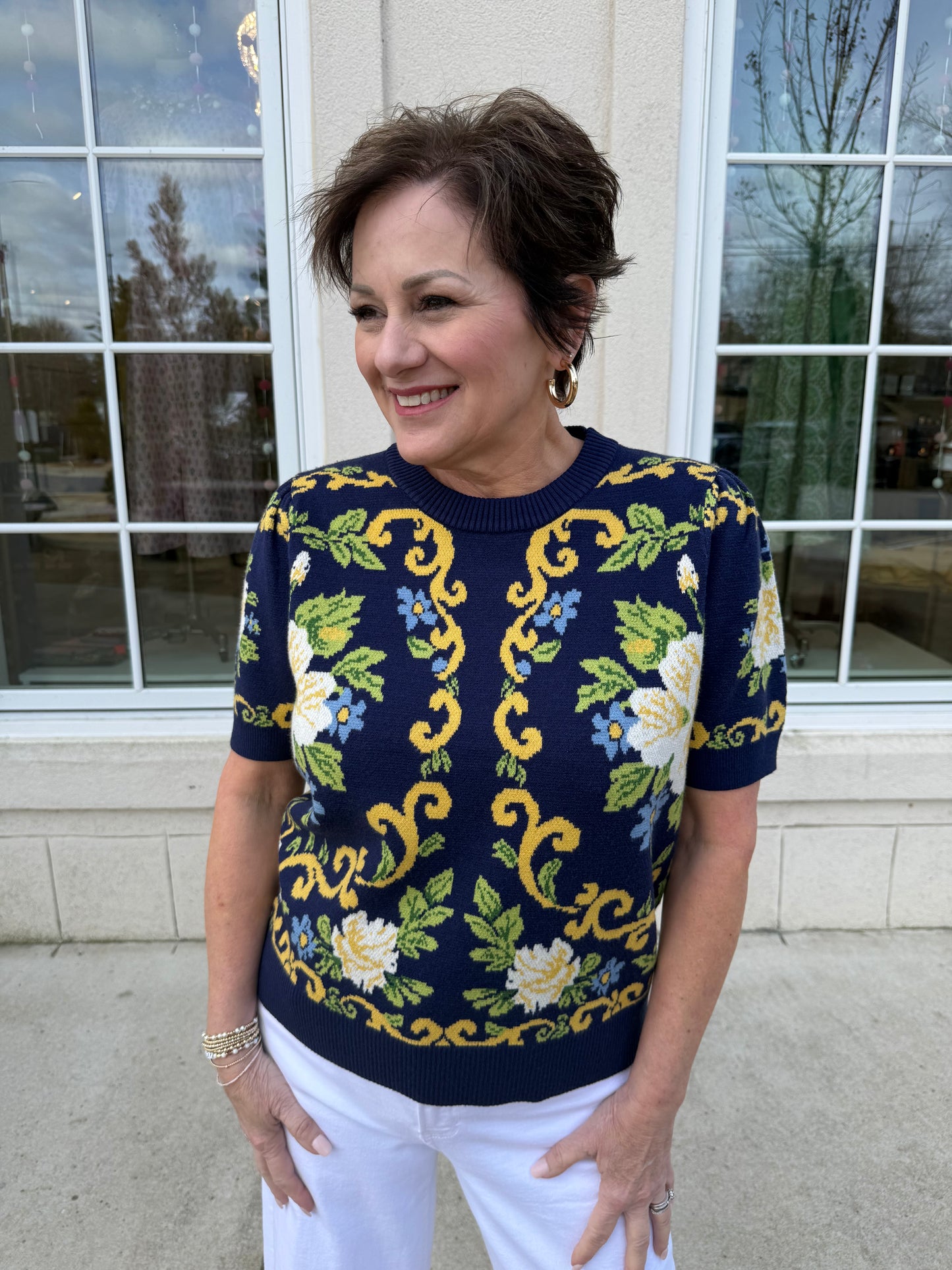 Navy and Yellow Floral Patterned Sweater