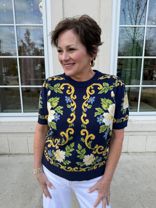 Navy and Yellow Floral Patterned Sweater