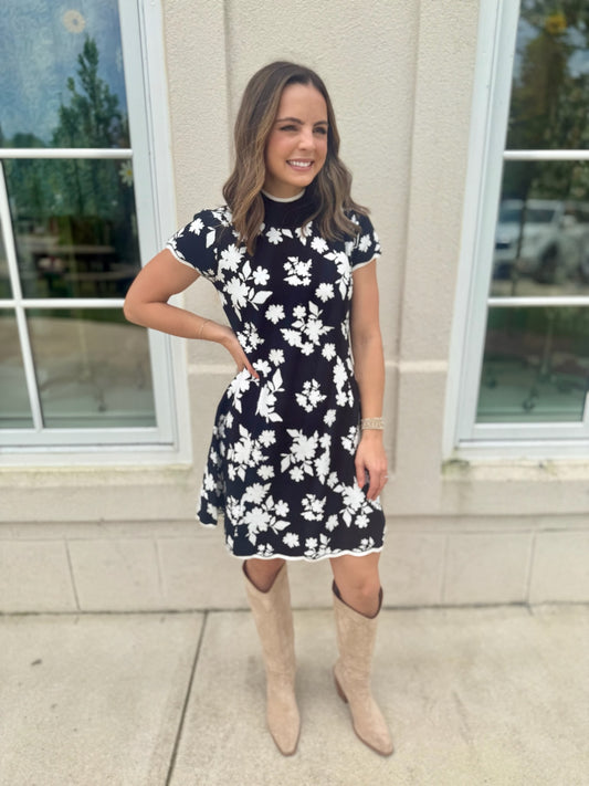 Black and White Floral Jacquard Knit Dress