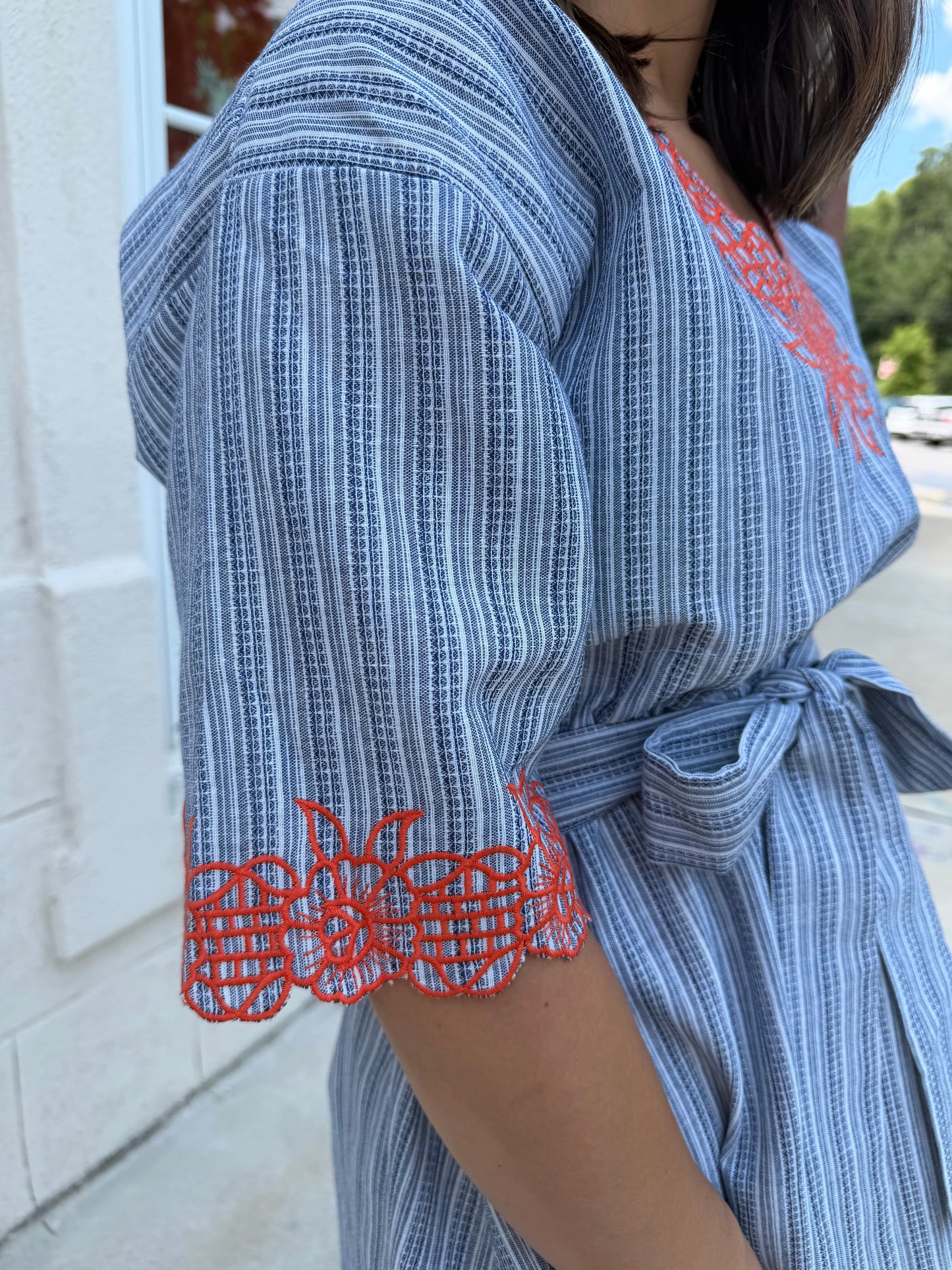 Navy and White Striped V Neck Dress