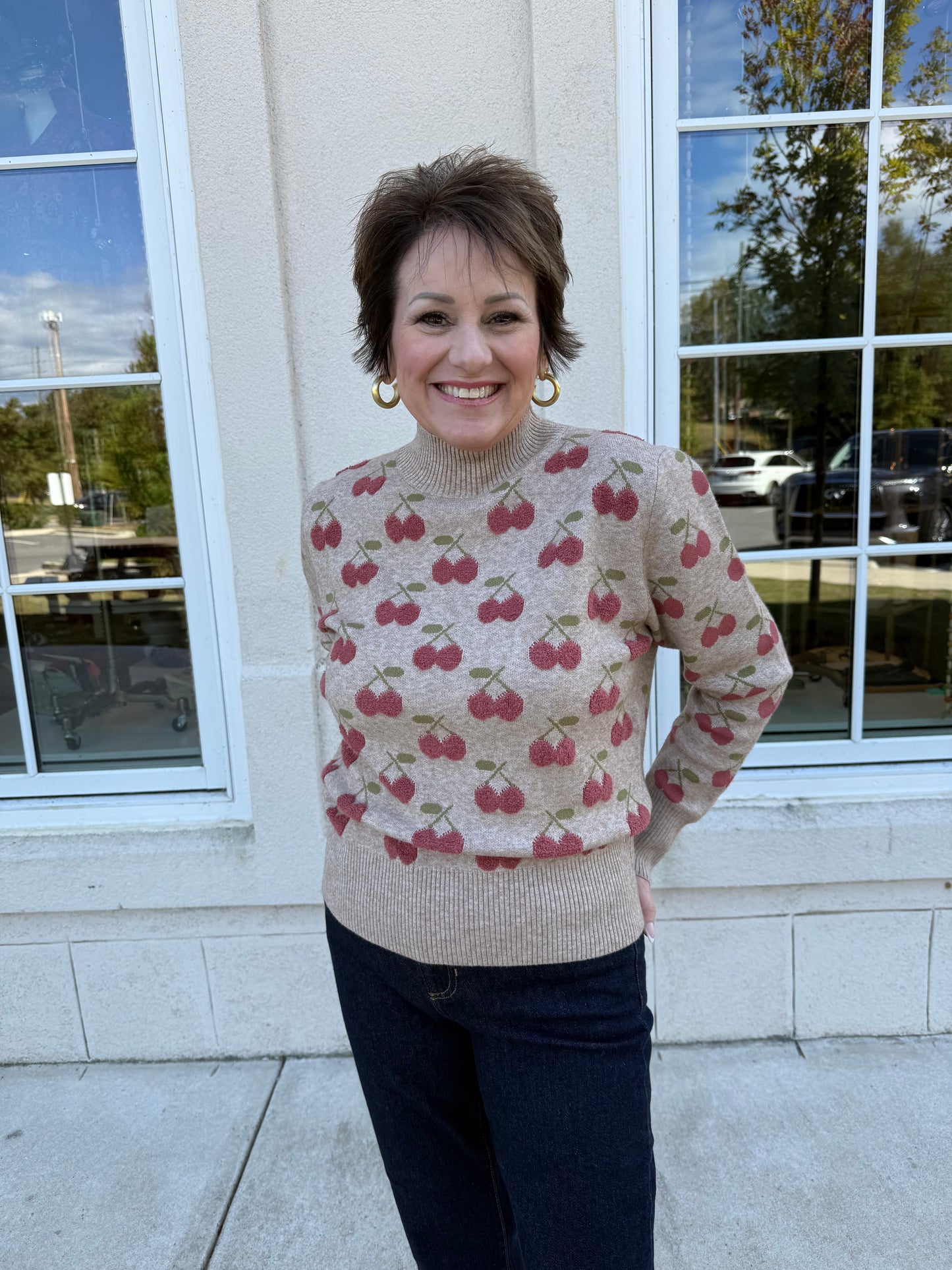 Oatmeal Cherry Pattern Sweater