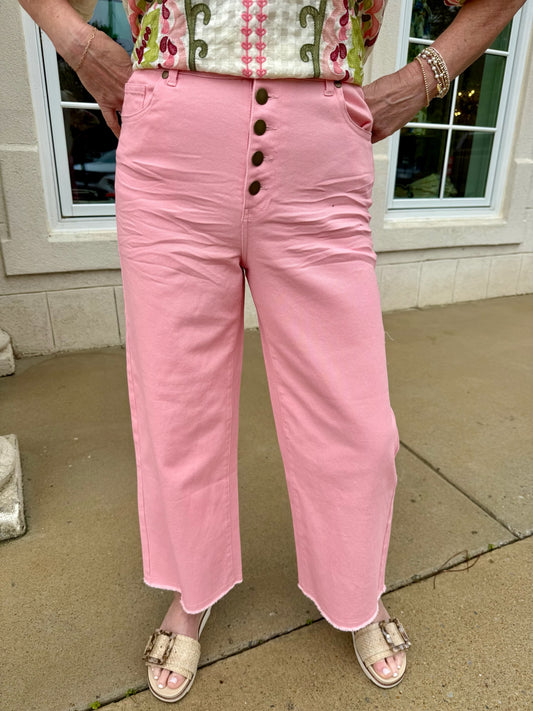 Powder Pink Button Front Twill Pant