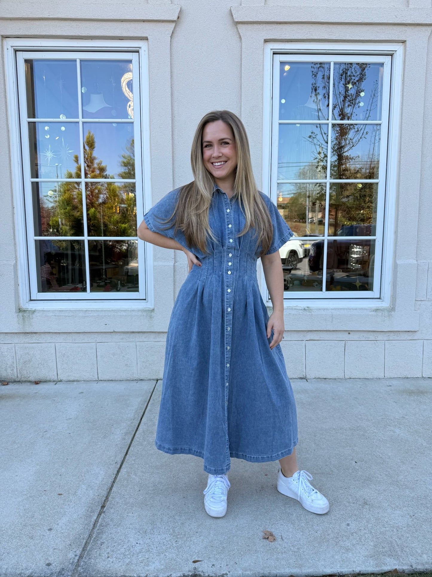 Denim Pleated Midi Dress