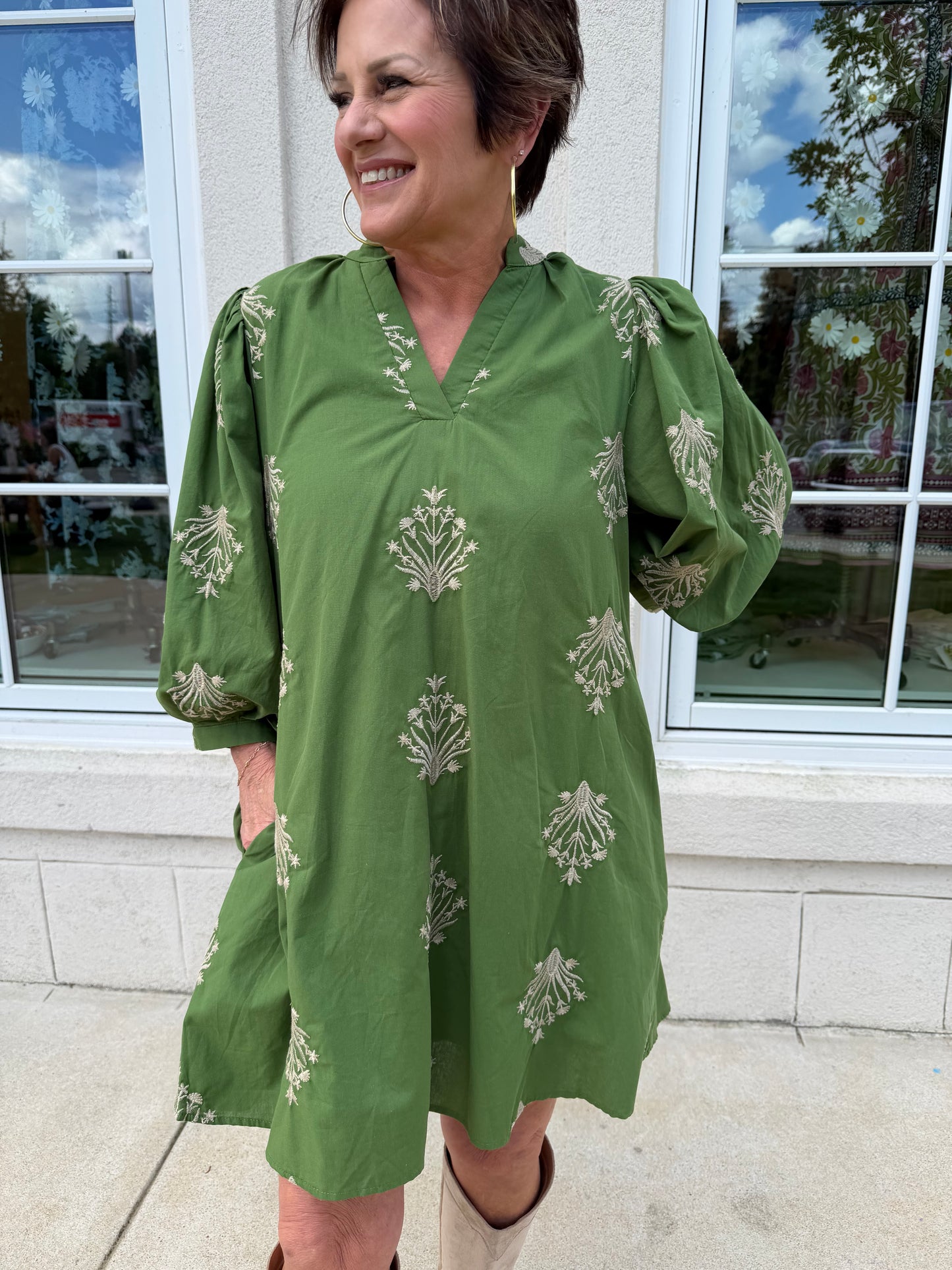 Olive and Tan Puff Sleeve Mini