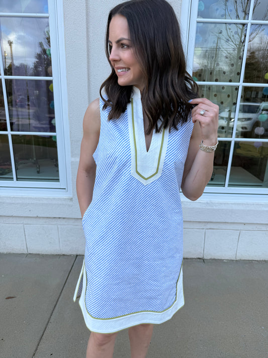 Blue Stripe with Cream and Avocado Dress