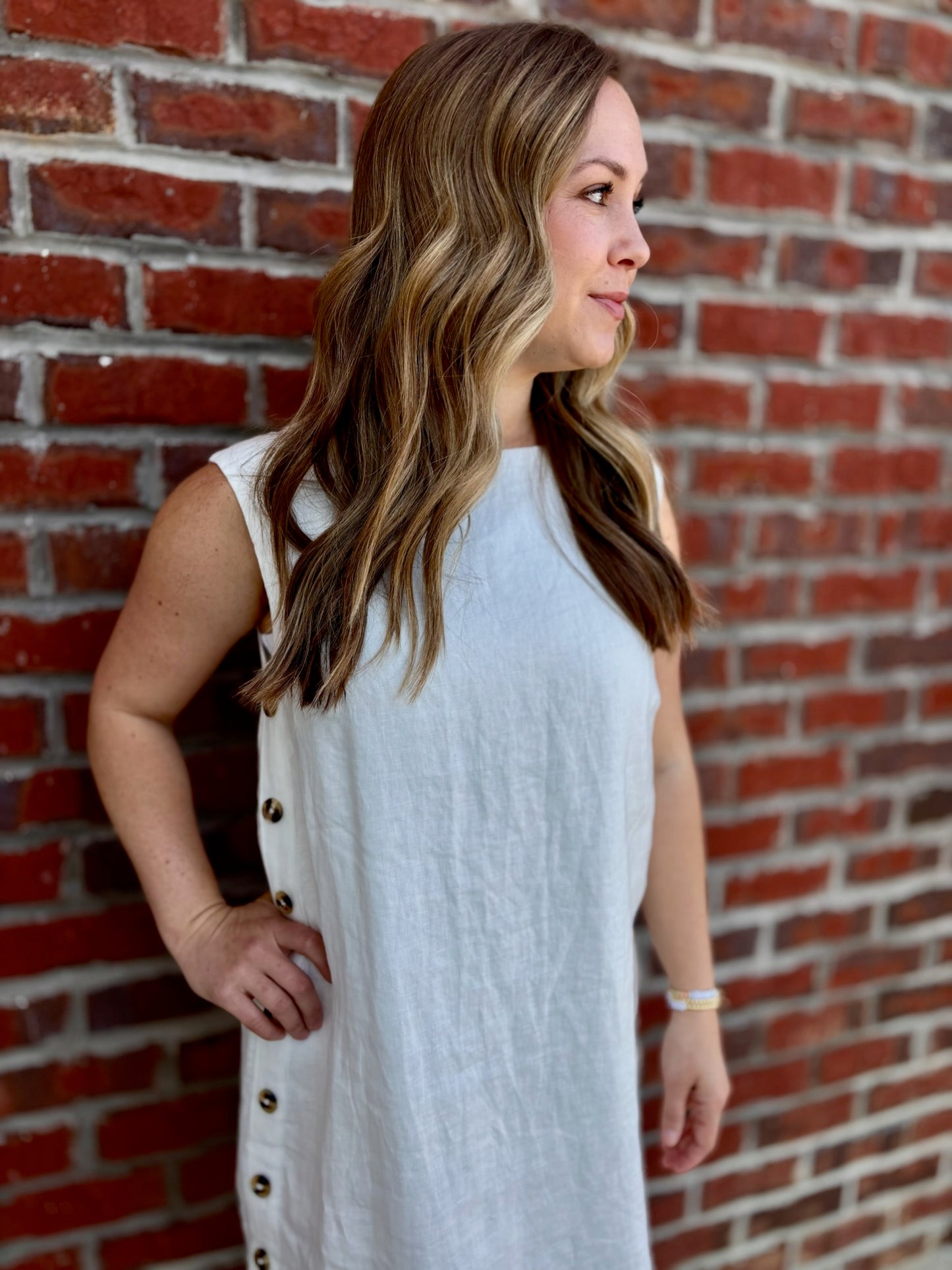 White Button Detail Linen Dress