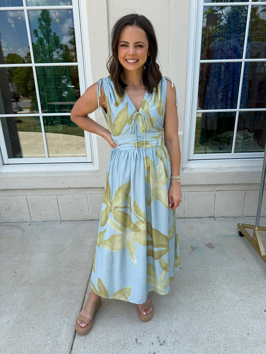 Powder Blue and Light Olive Tropical Floral Midi