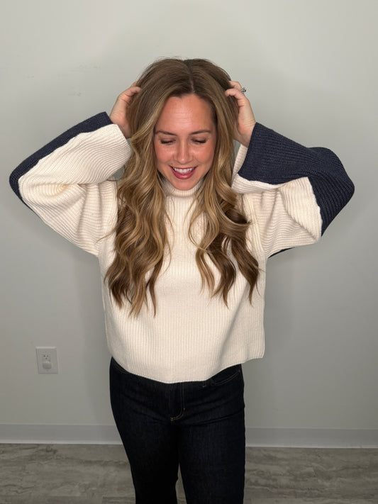Ivory and Navy Two-Toned Turtleneck Sweater
