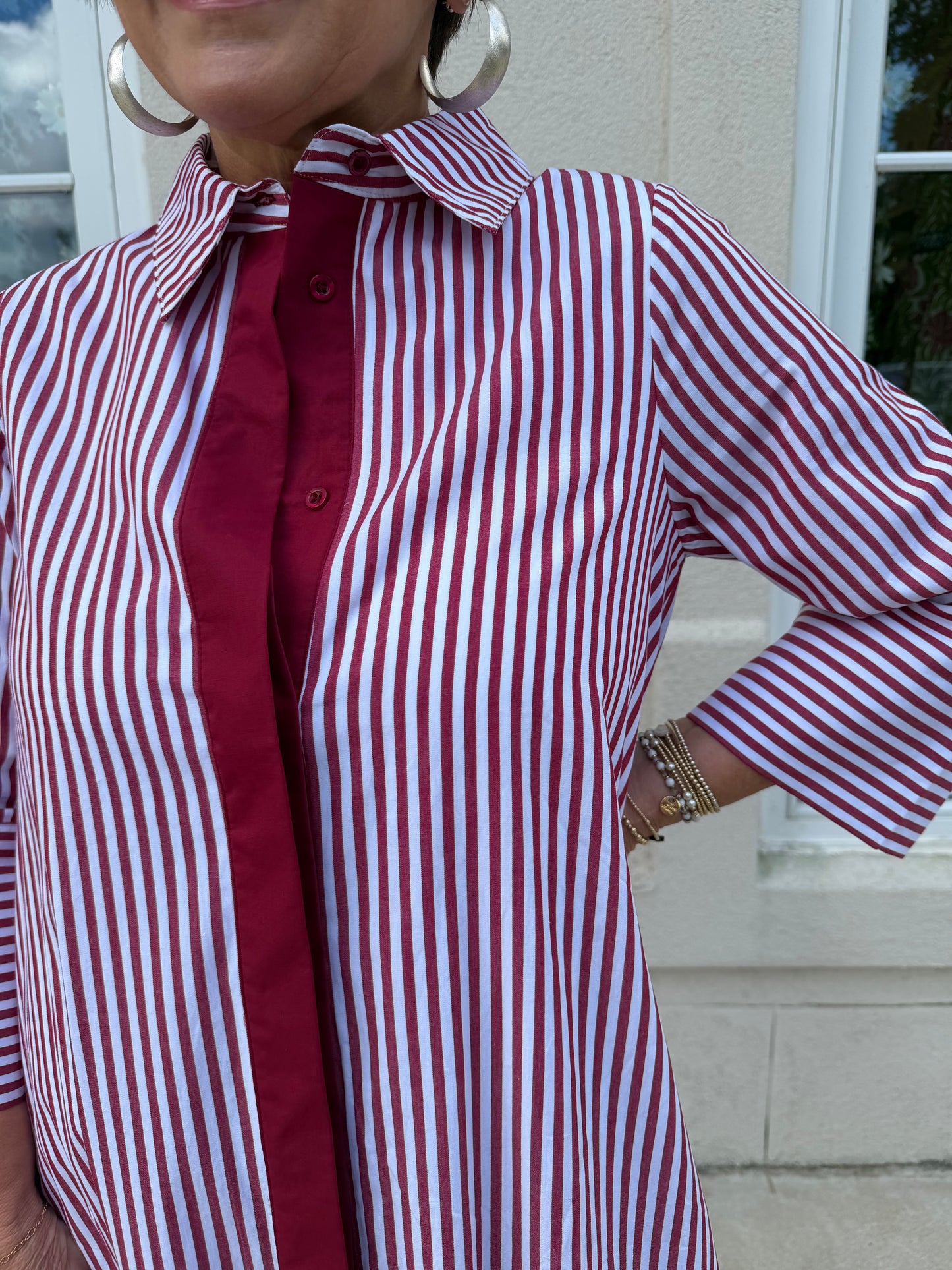 Crimson and White Collared Maxi Dress