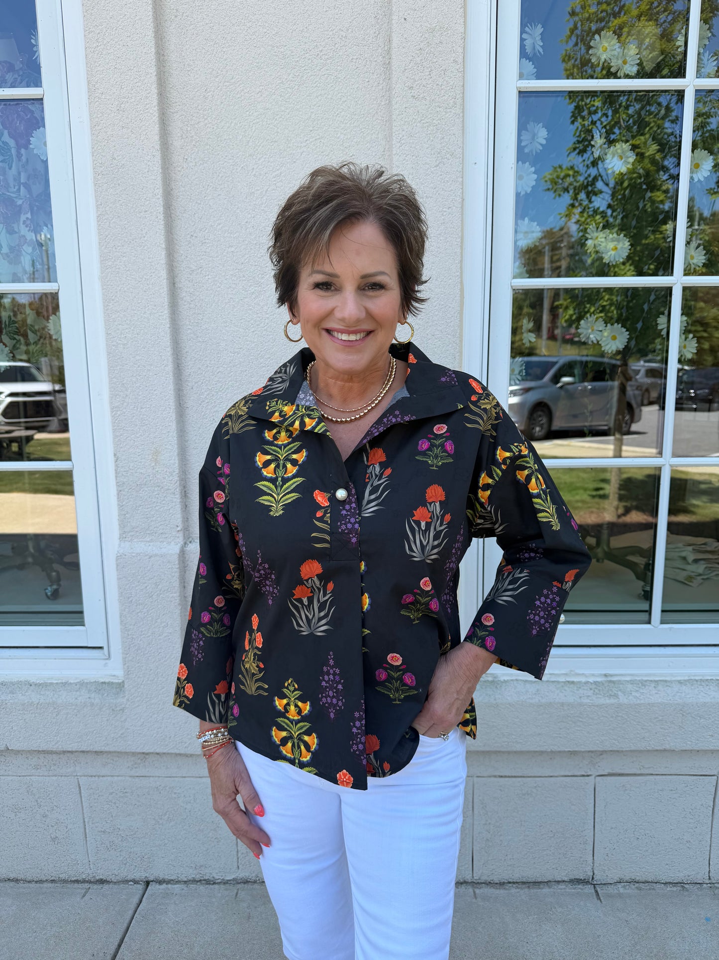 Black 3/4 Sleeve Floral Top