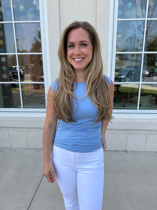 Deep Sky Blue Cap Sleeve Fitted Top