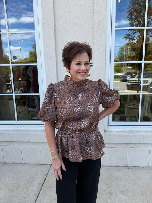 Brown Animal Print Peplum Top