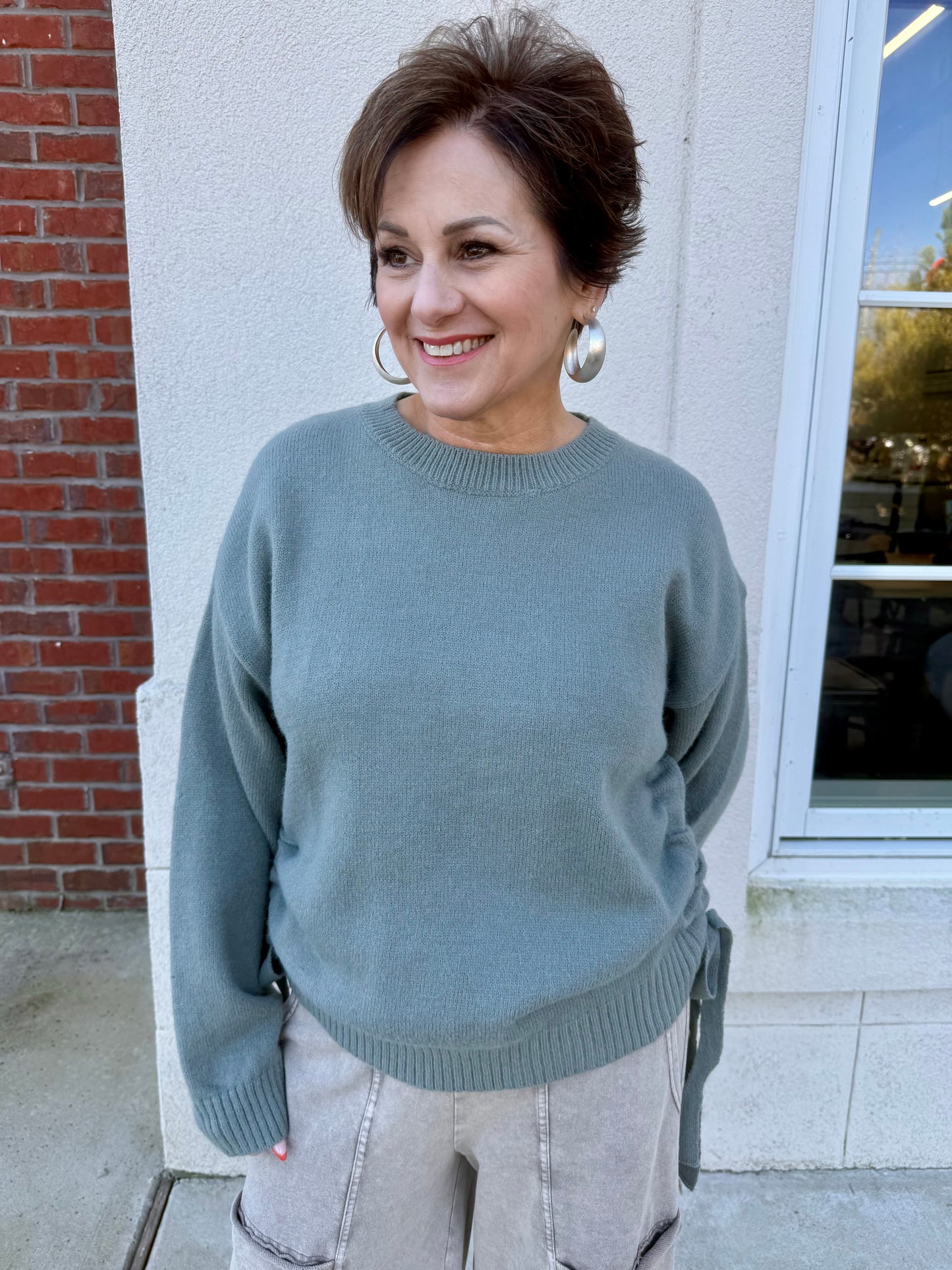 Grey Mint Side Ruched Sweater