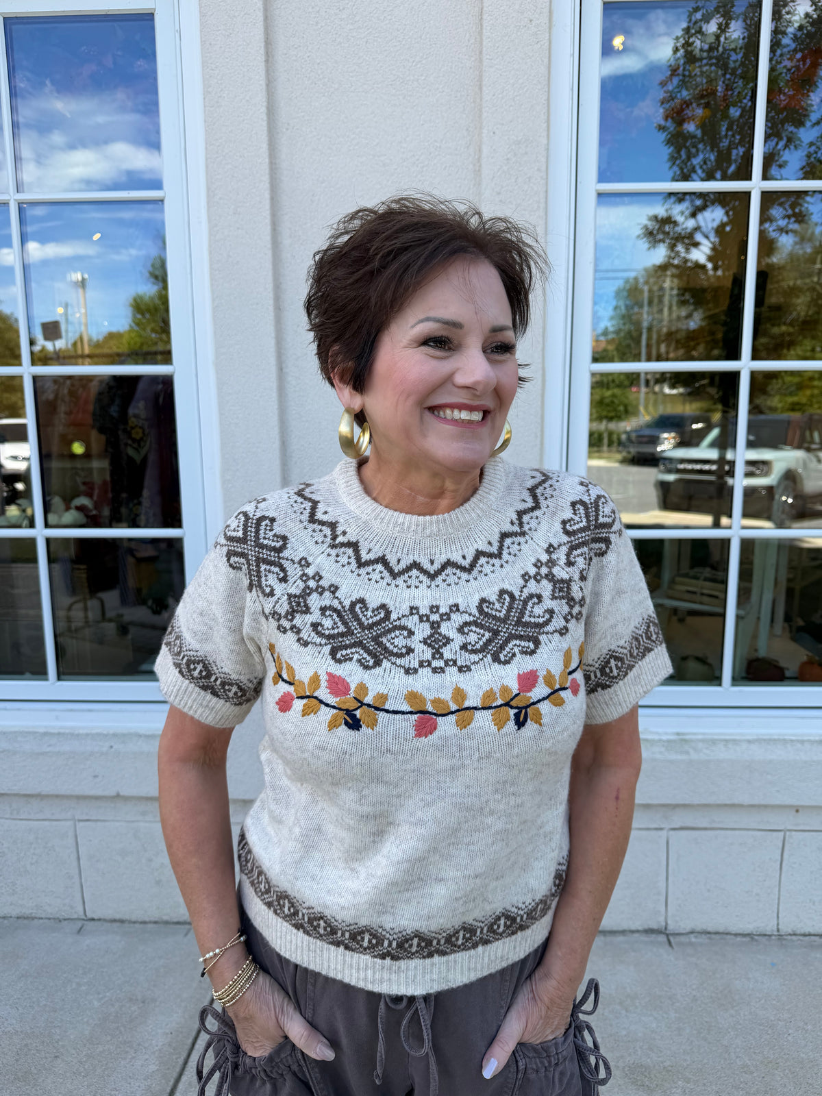 Beige Leaf Embroidered Sweater