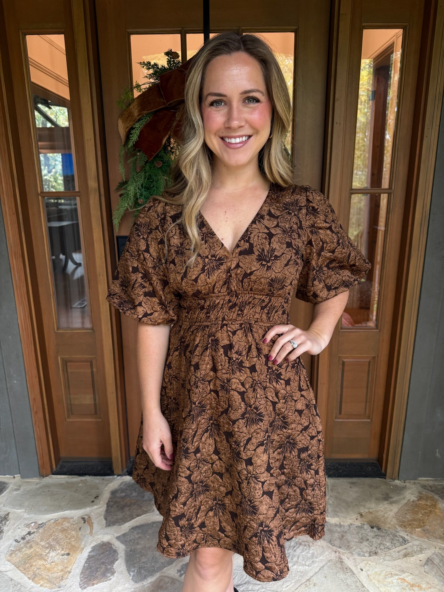 Brown Floral Jacquard Dress