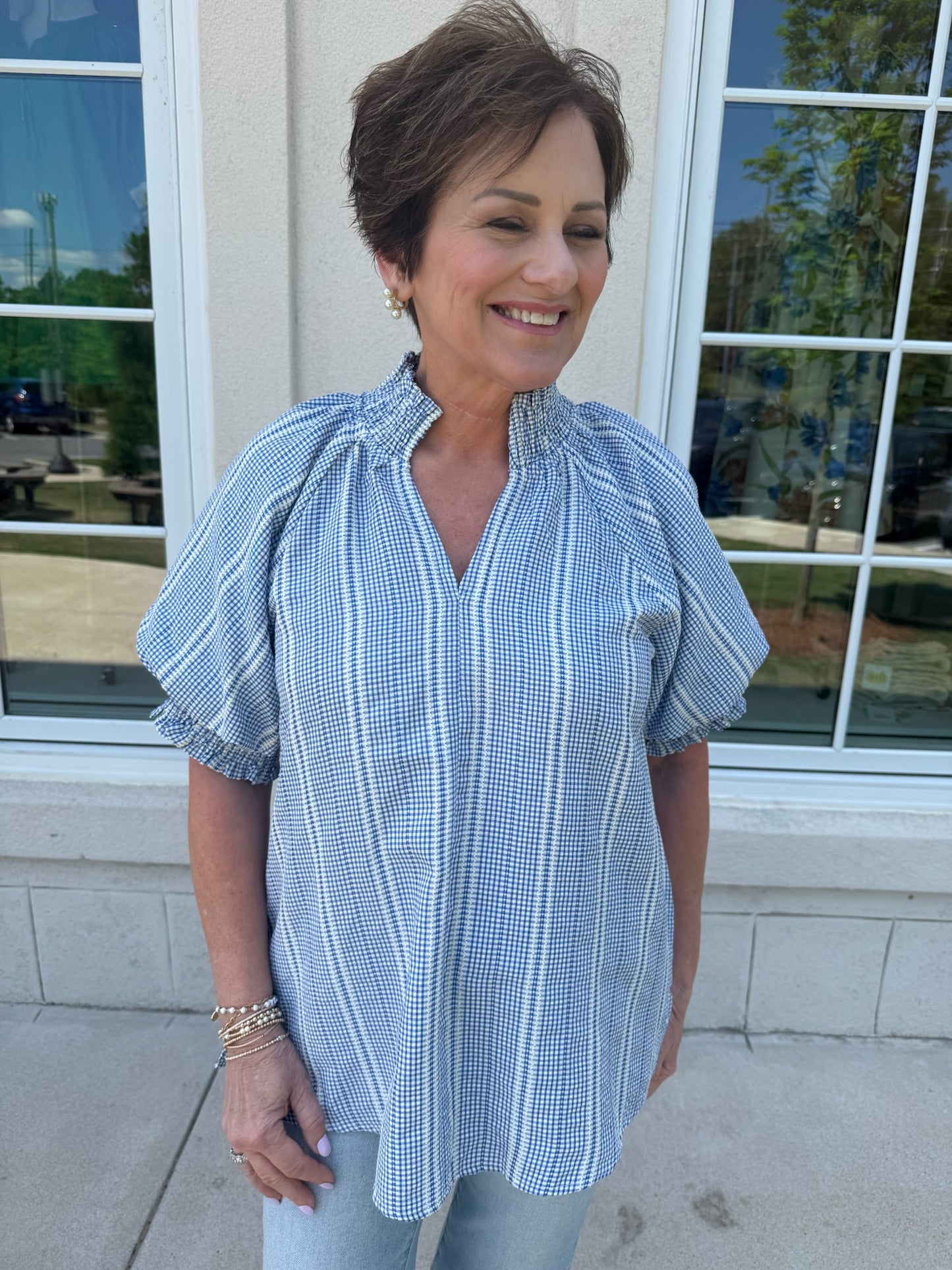 Blue and Cream Stripe Detail Top