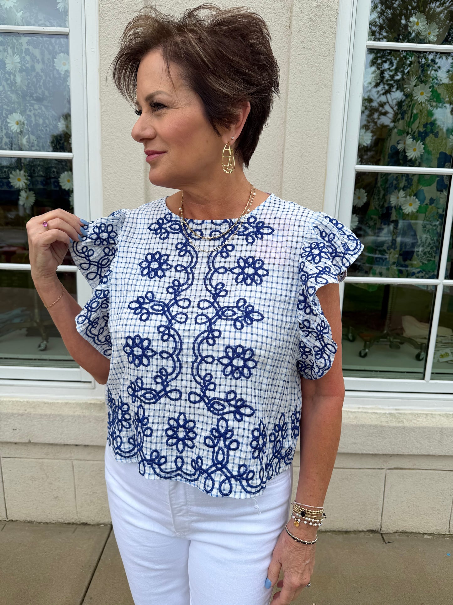 Blue Checkered Embroidered Top