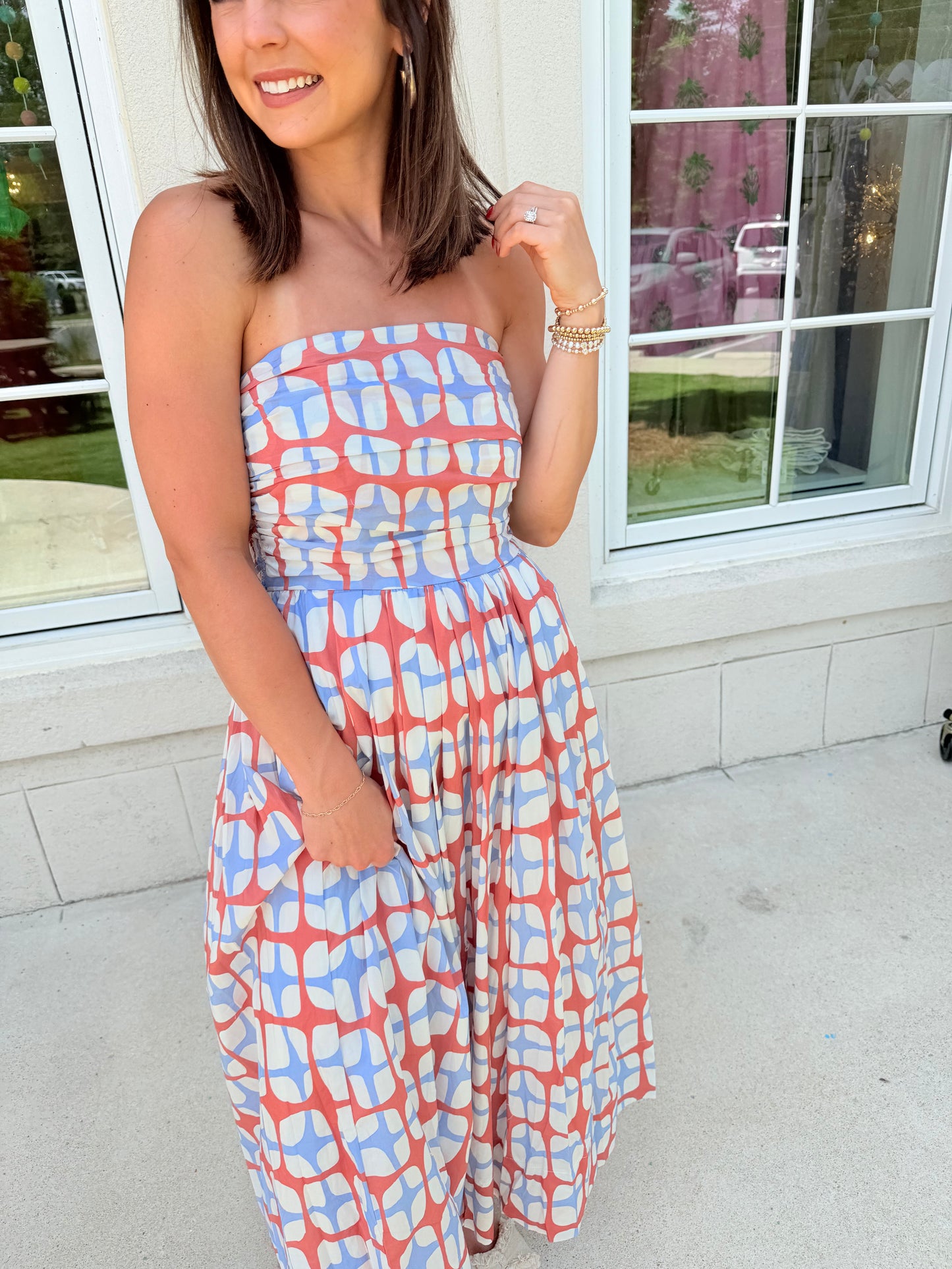 Blue and Red Geometric Print Midi