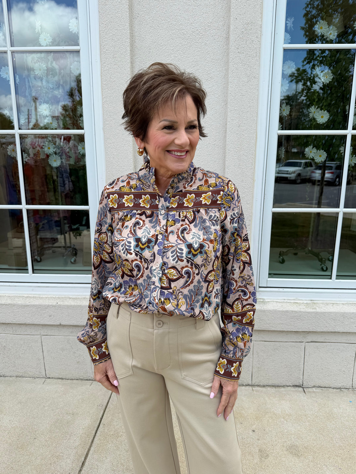 Beige Multi Border Print Blouse