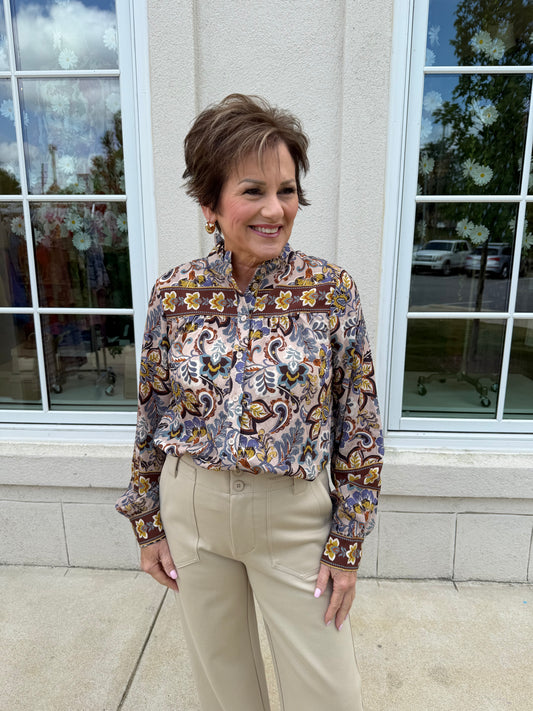 Beige Multi Border Print Blouse