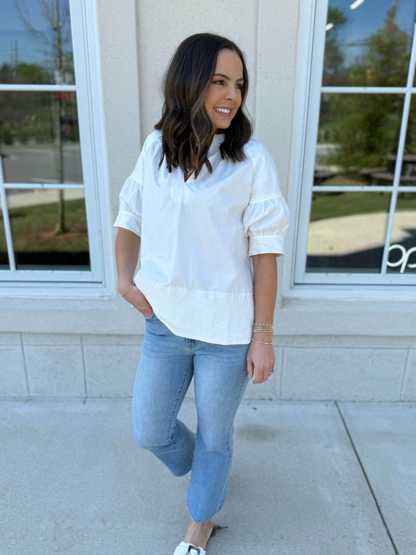 Off White Contrast Stitching V Neck Top