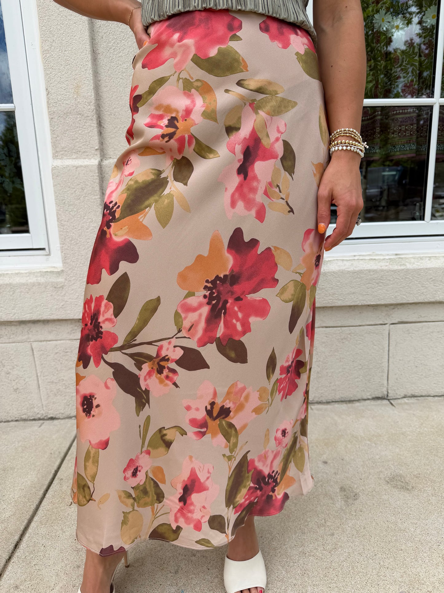 Taupe Multi Floral Midi Skirt