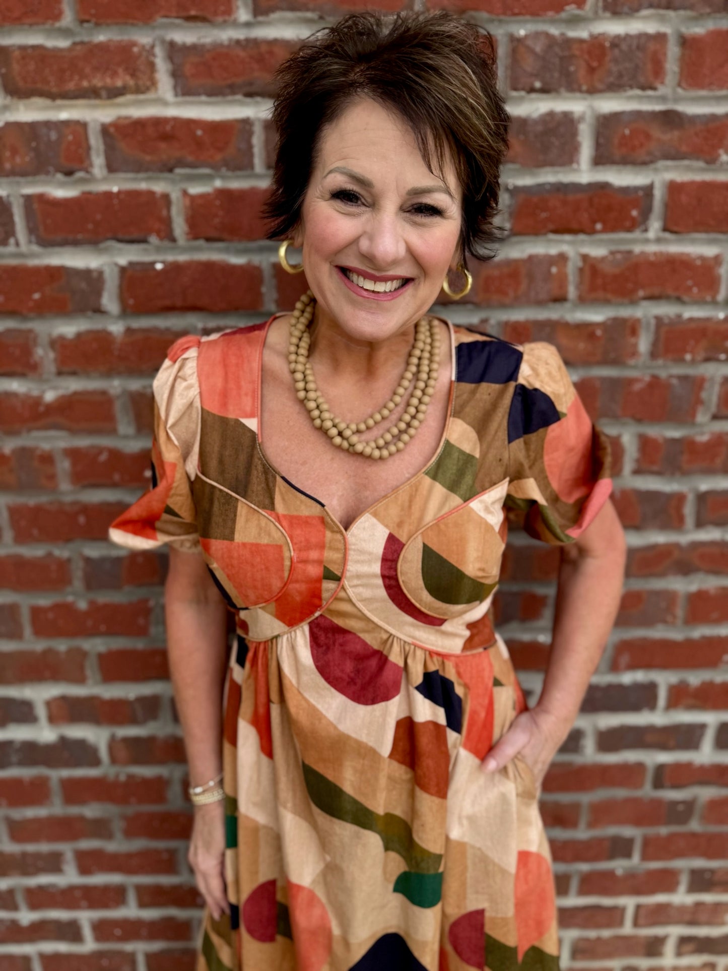 Tan Multi Piped Midi Dress