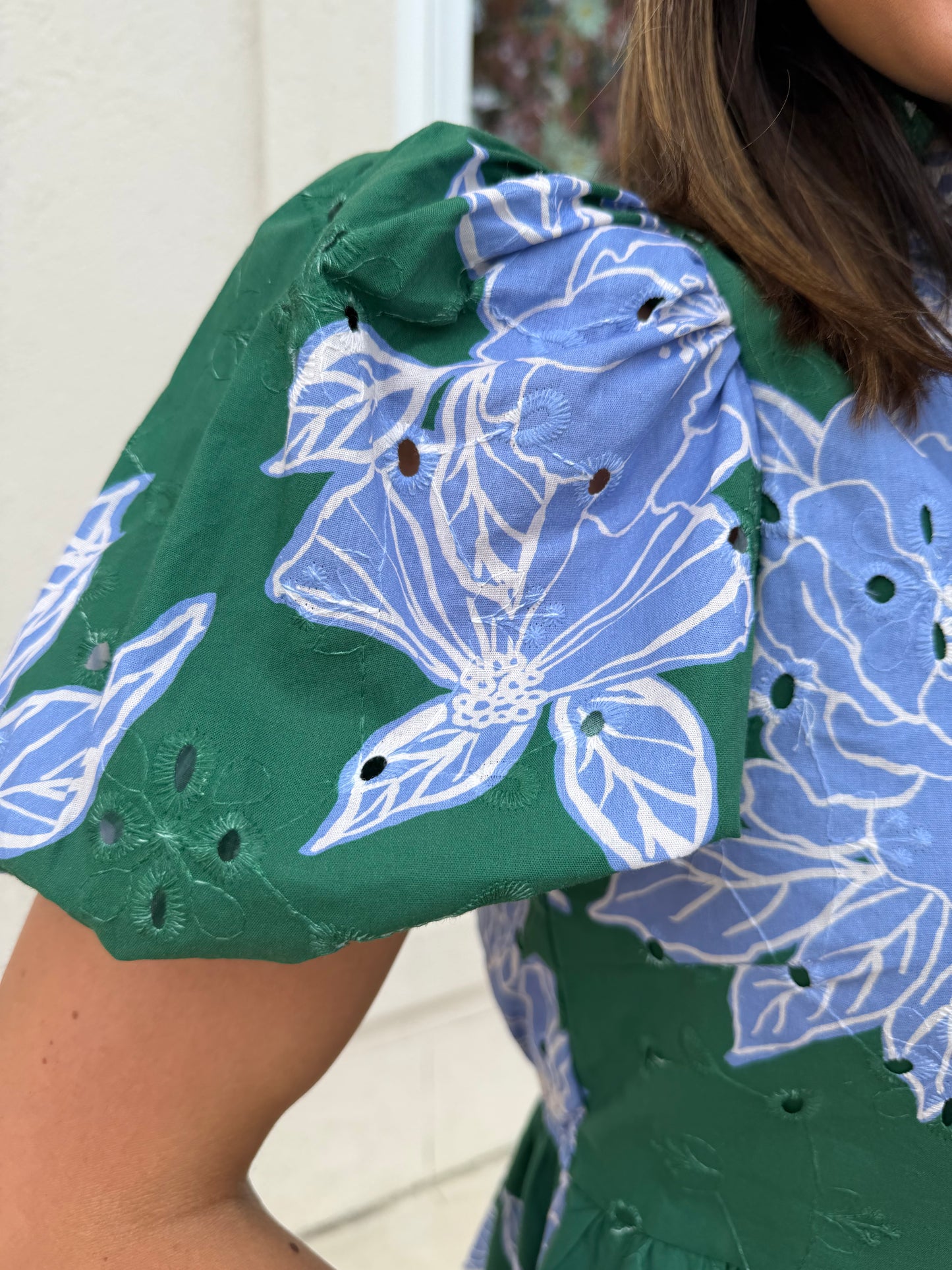 H Green and Lt Blue Floral Eyelet Top
