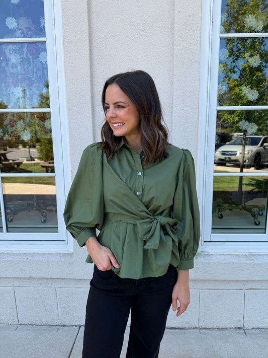 Olive Peplum 3/4 Length Sleeve Top