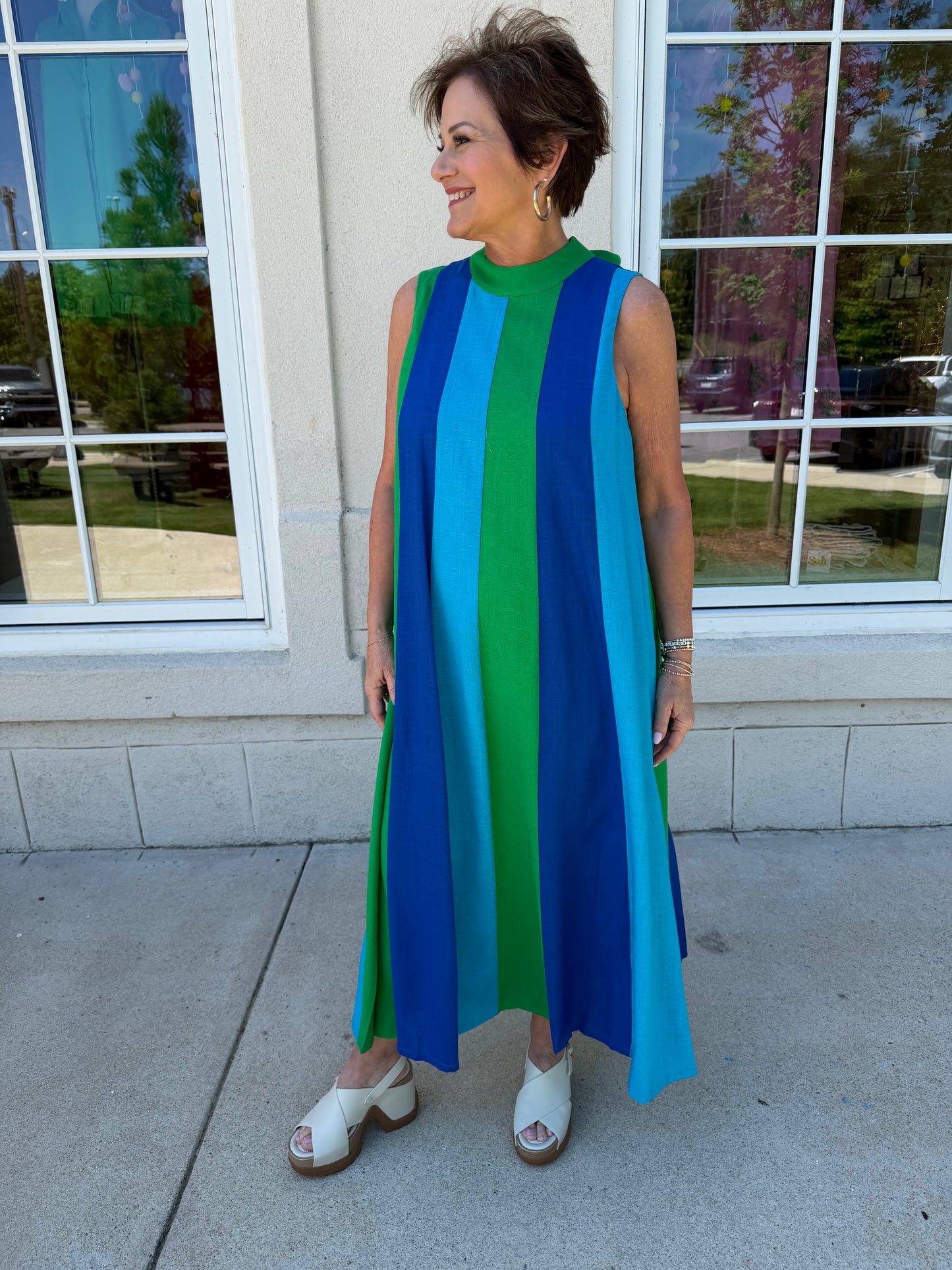Green and Blue Colorblock Midi Dress