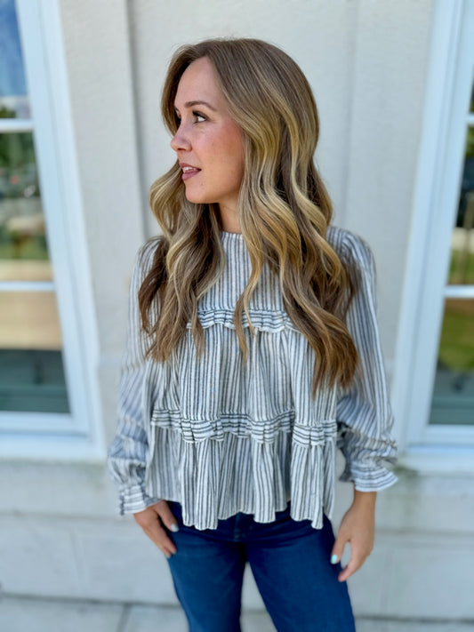 Black Striped Ruffle Detailed Blouse
