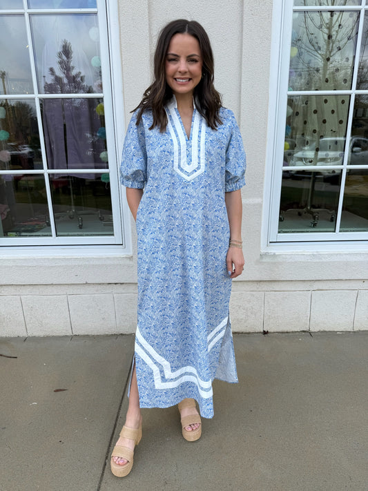 Blue Floral with White China Collar and Trim Maxi