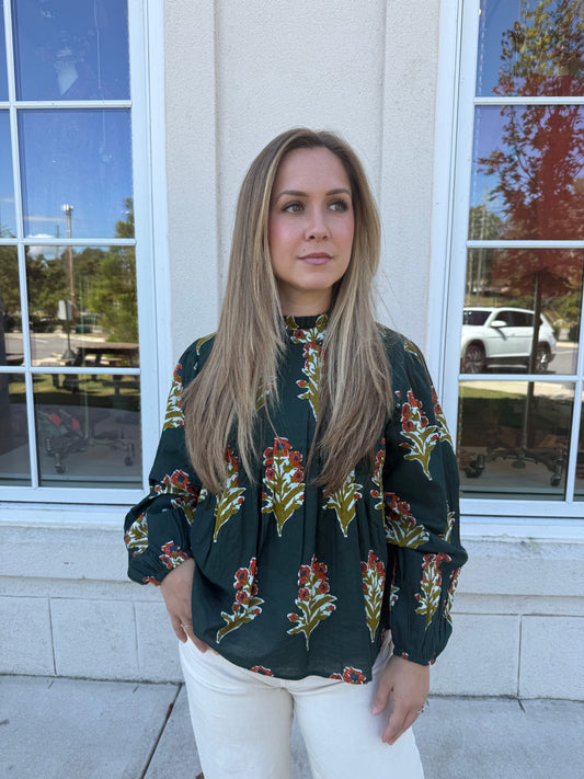 Dark Green Floral Detailed Top