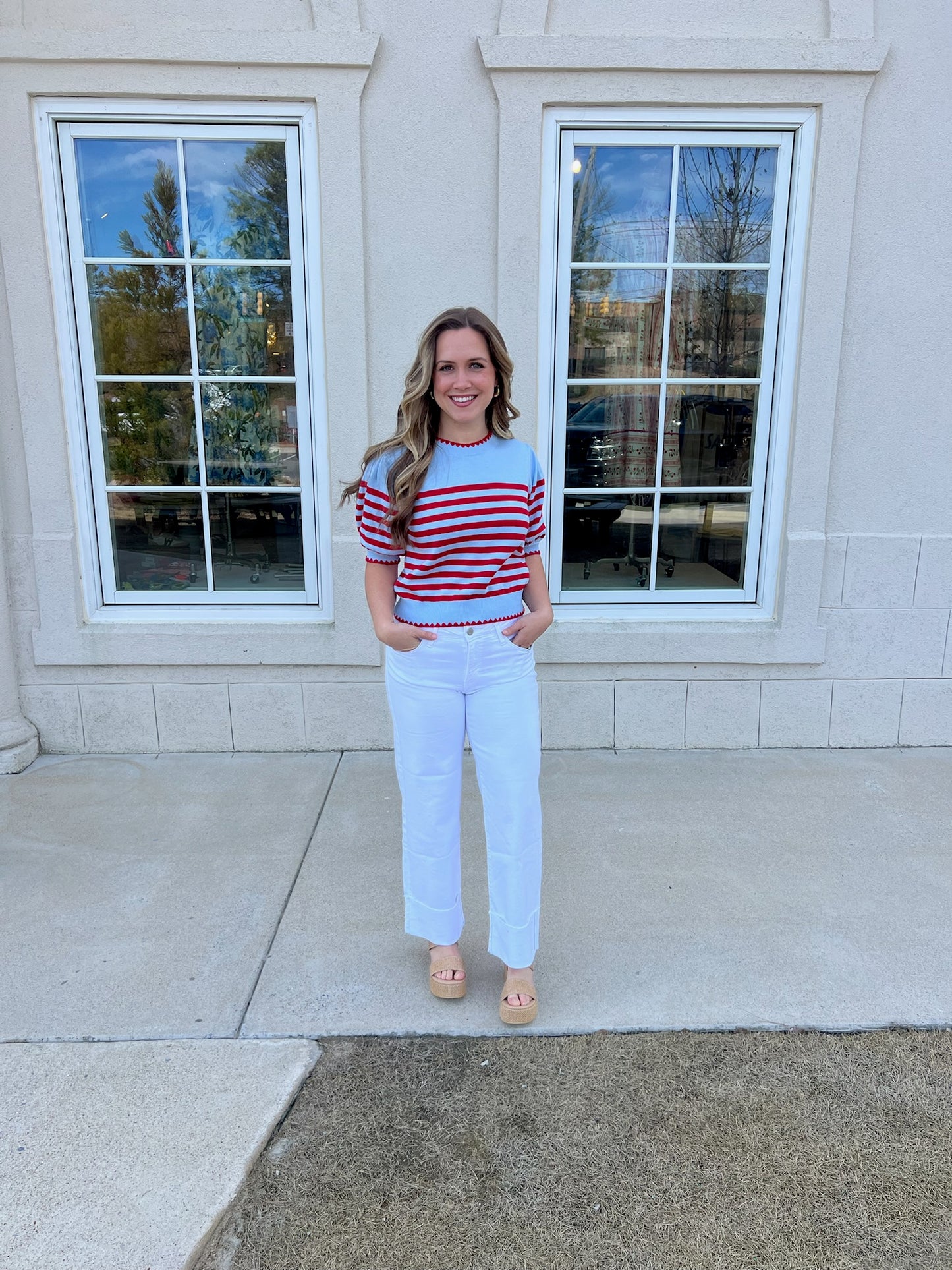 Red and Light Blue Embroidered Stitch Top