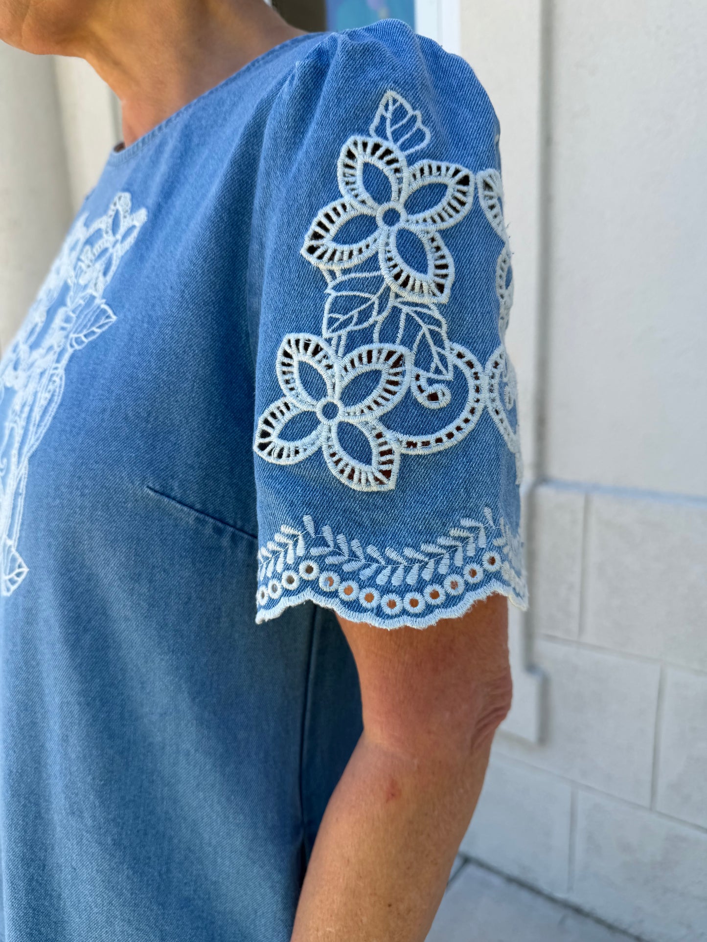 Medium Blue Denim Embroidered Shift Dress