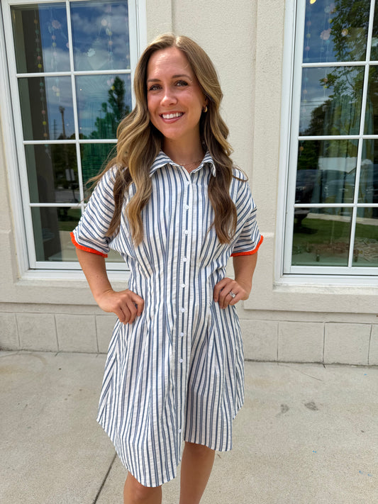 Blue Pleated Waist Mini Flare Shirt Dress