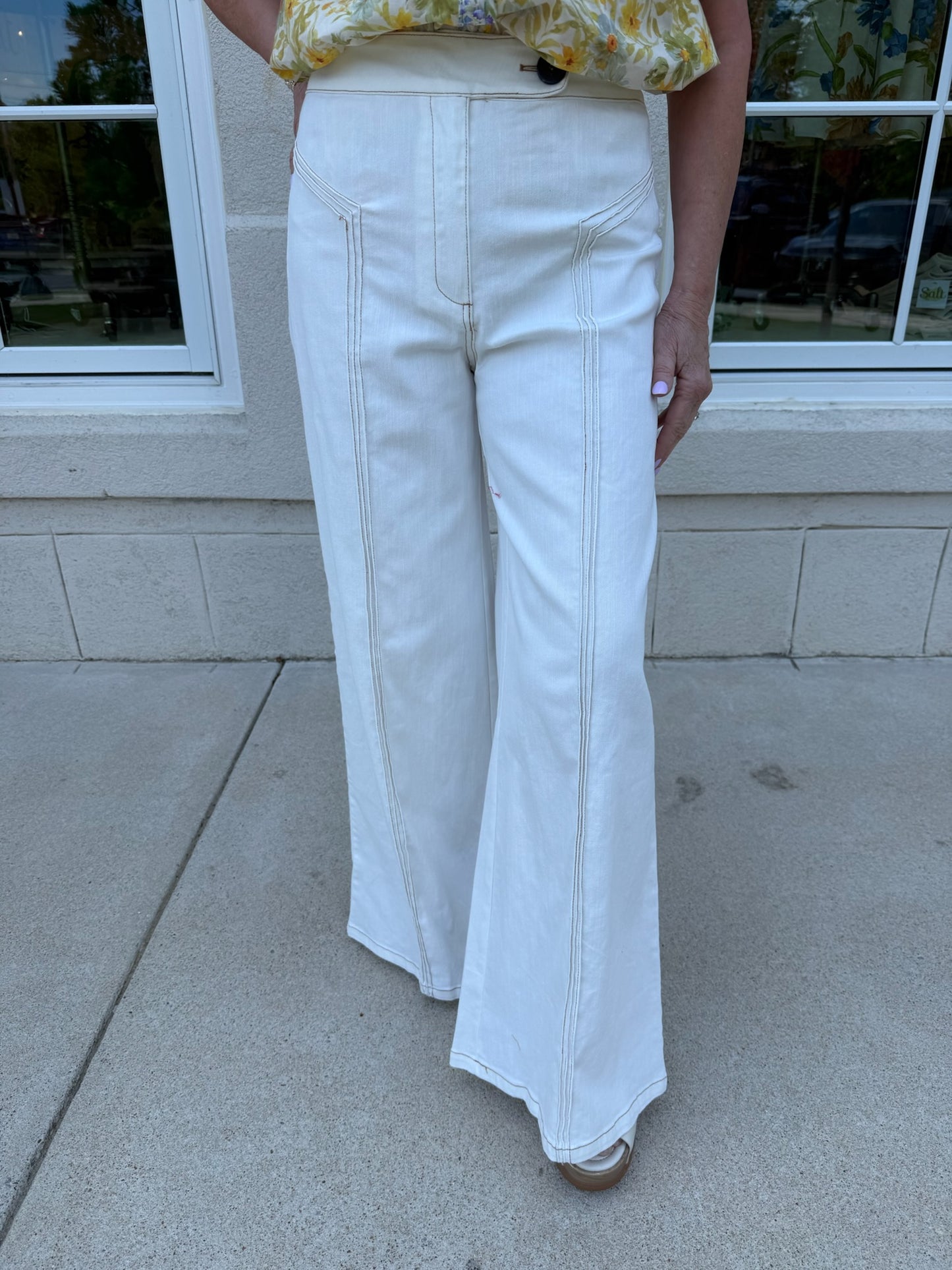 Cream Topstitched Flare Jean