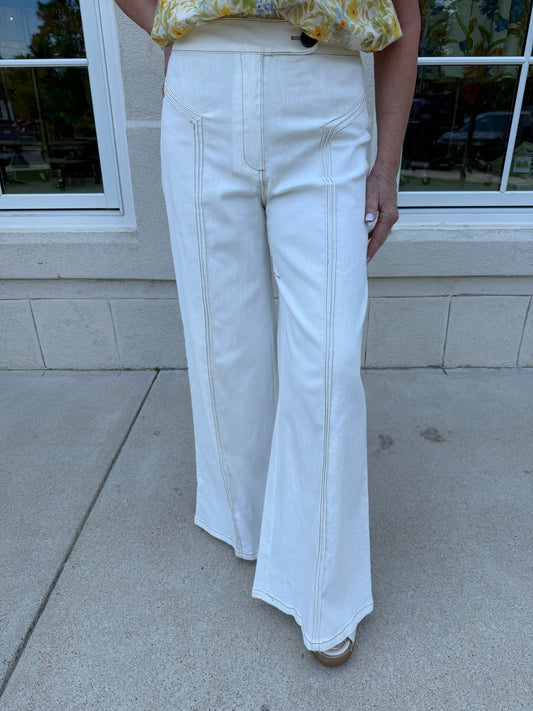 Cream Topstitched Flare Jean