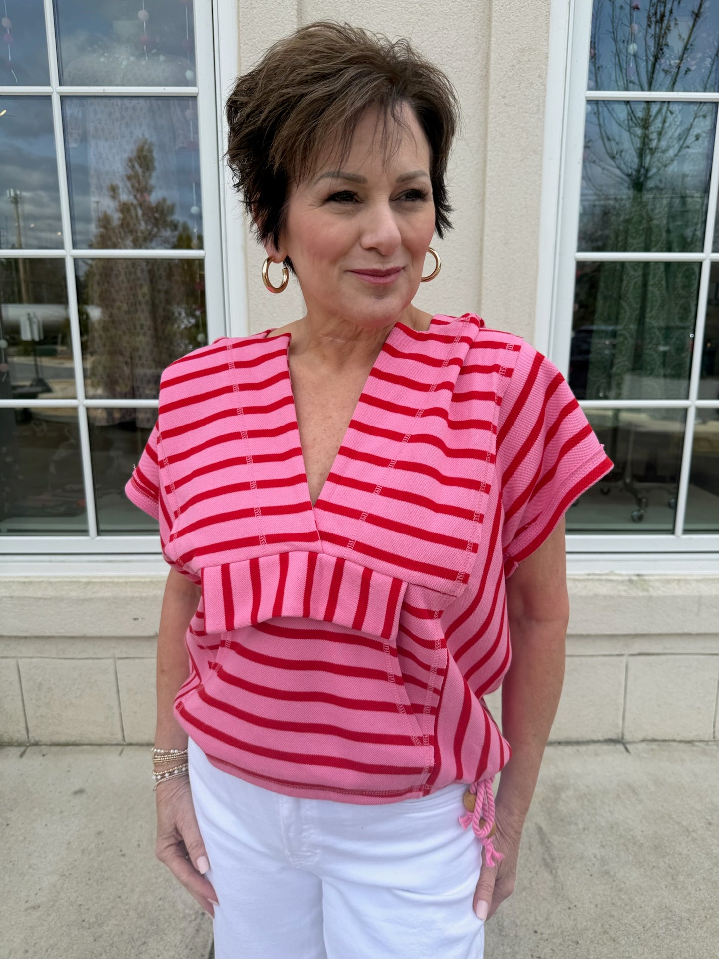Pink Striped Hooded Top