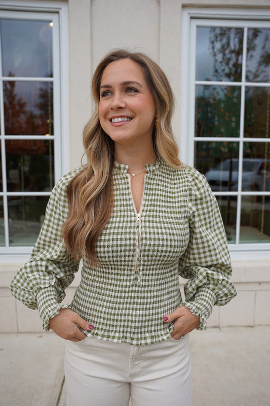 Olive and Cream Checked Smocked Top