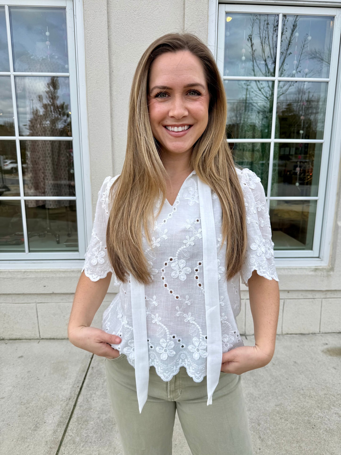 White Self Tie Eyelet Top