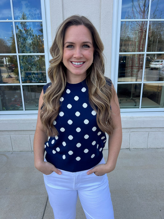 Navy and Cream Polka Dot Top
