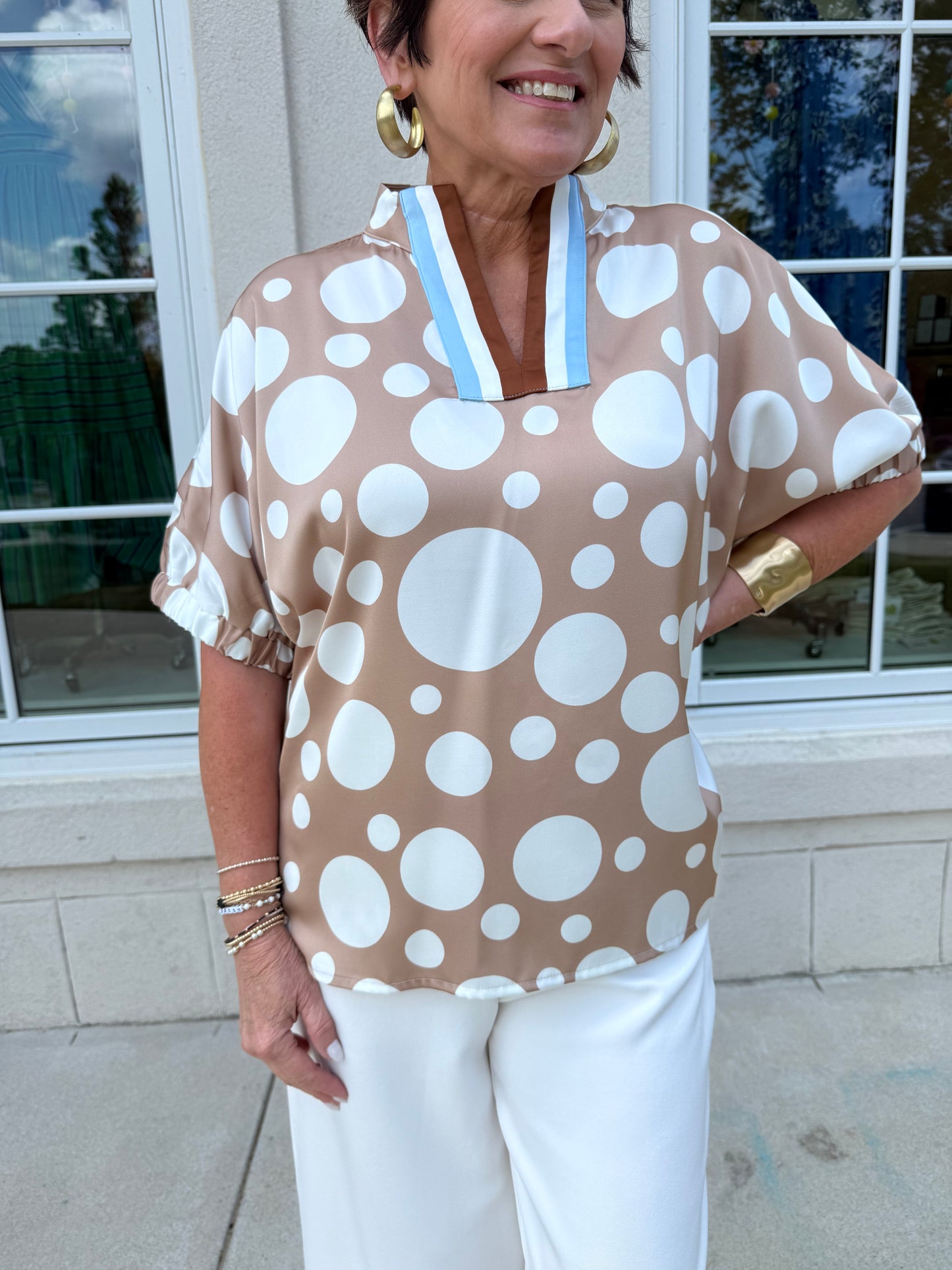 Taupe Polka Dot Satin Top
