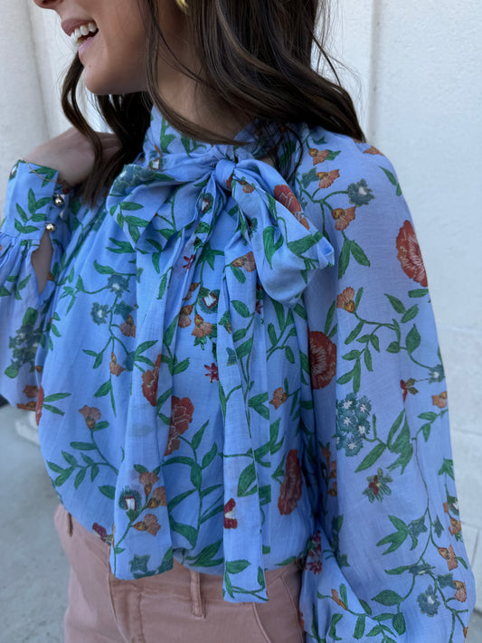 Blue Floral Self Tie at Neck Top