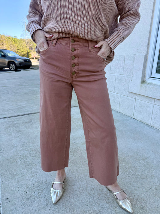 Red Bean Button Front Stretch Twill Pants