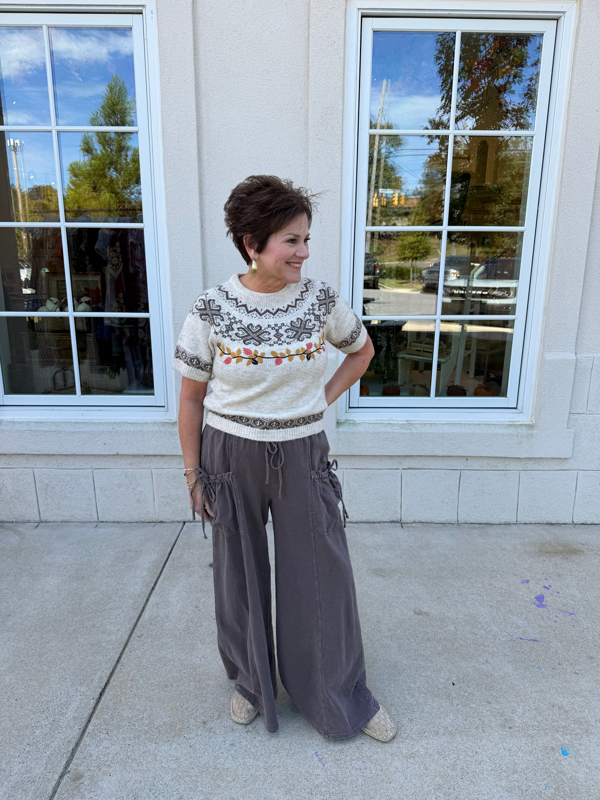 Beige Leaf Embroidered Sweater