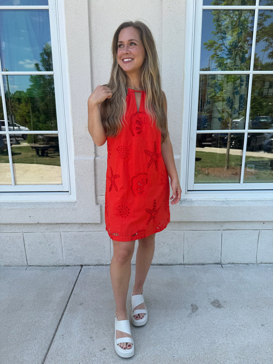 Coral Eyelet Lace Halter Mini Dress