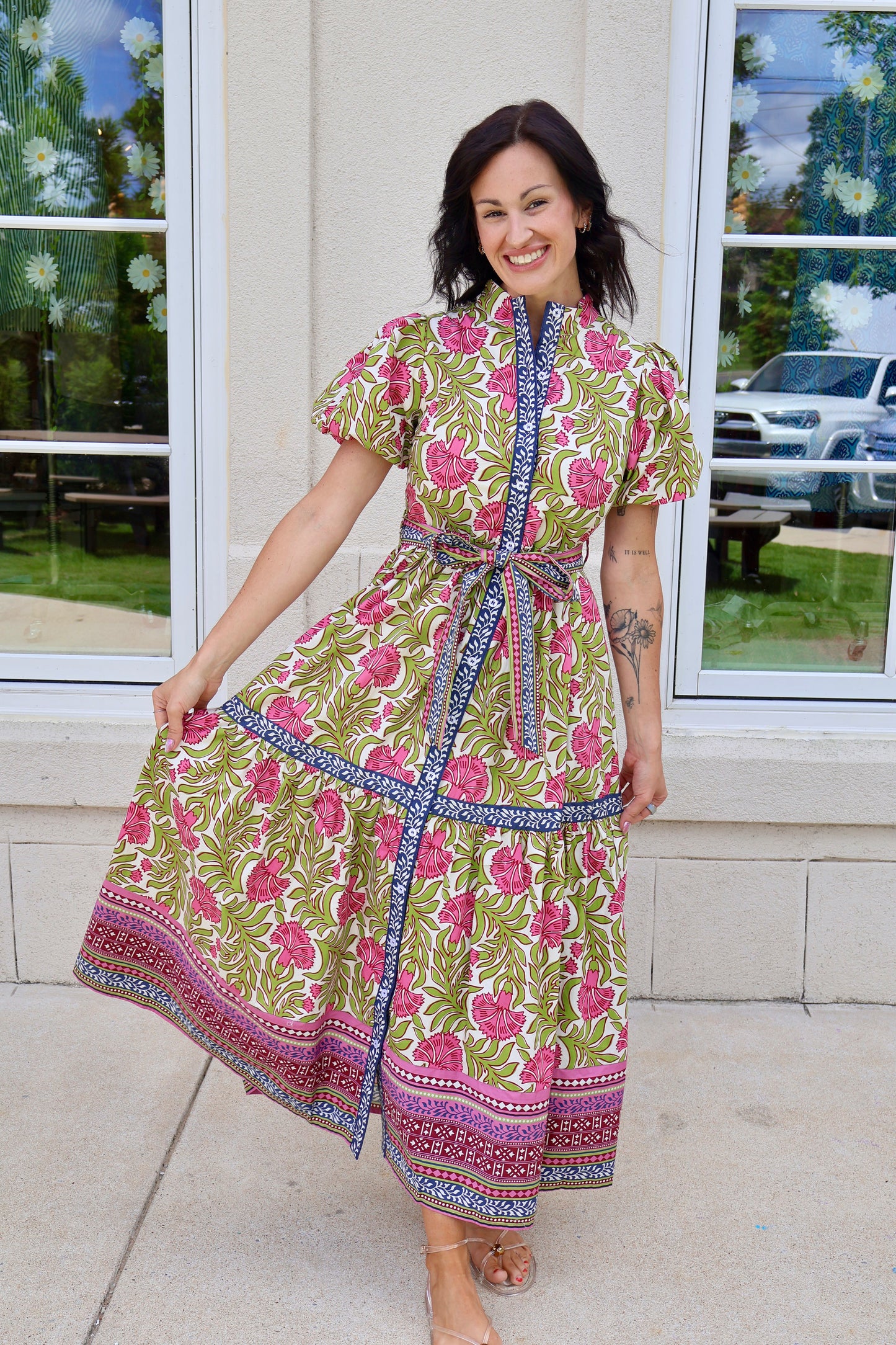 Green Mixed Floral Print Maxi Dress