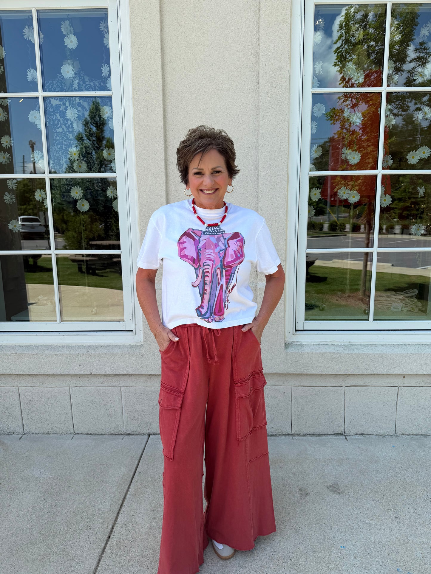 Boho Red Washed Terry Cargo Pants