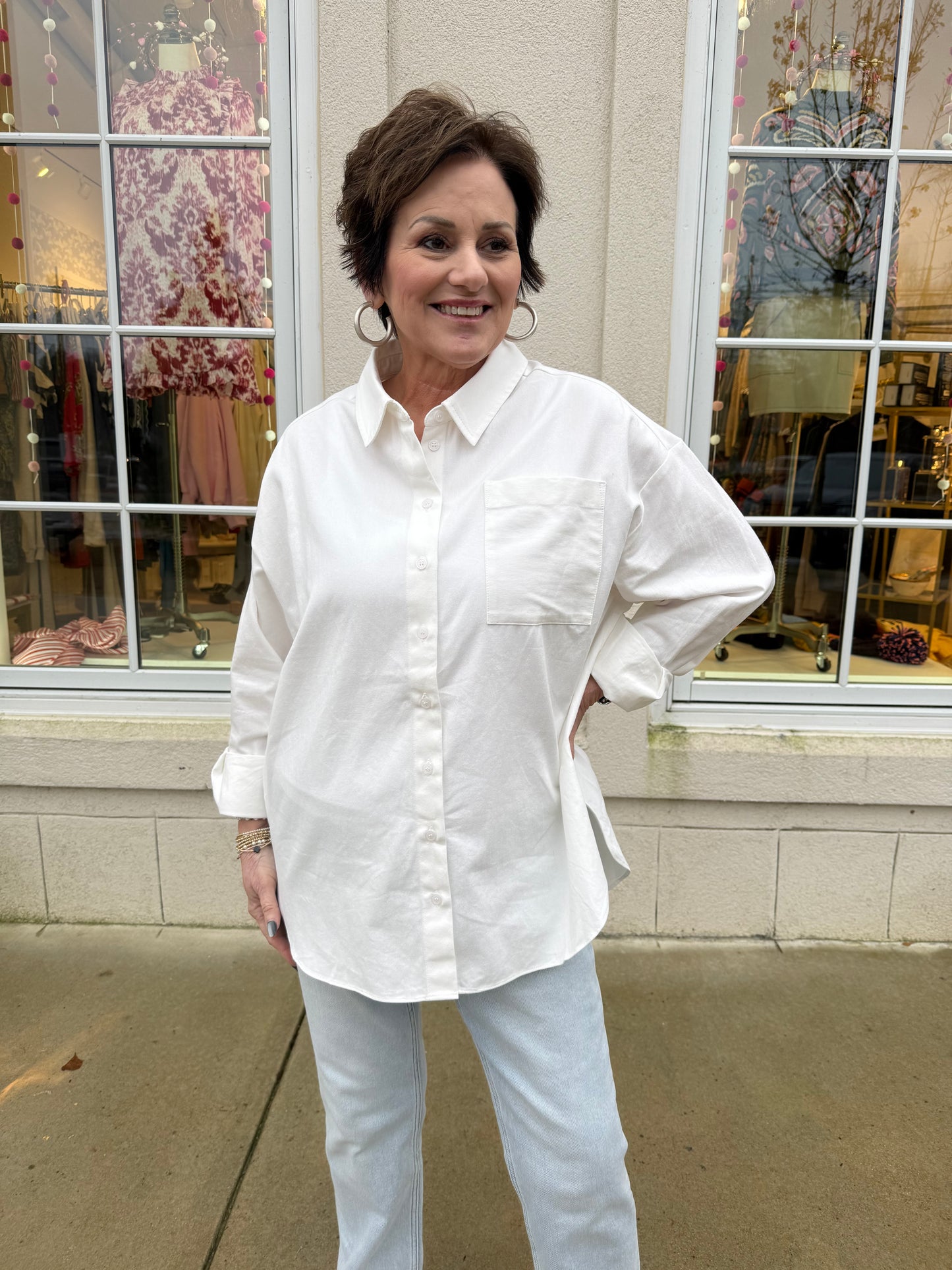 Off White Cotton Button Front Top